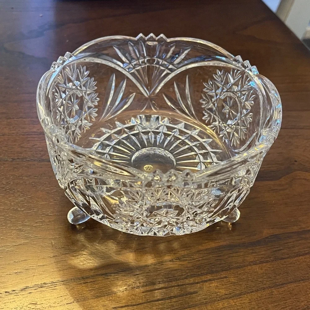 Vintage Cut Glass Footed Bowl Trinket Dish Candy Dish Heavy‎ Glass